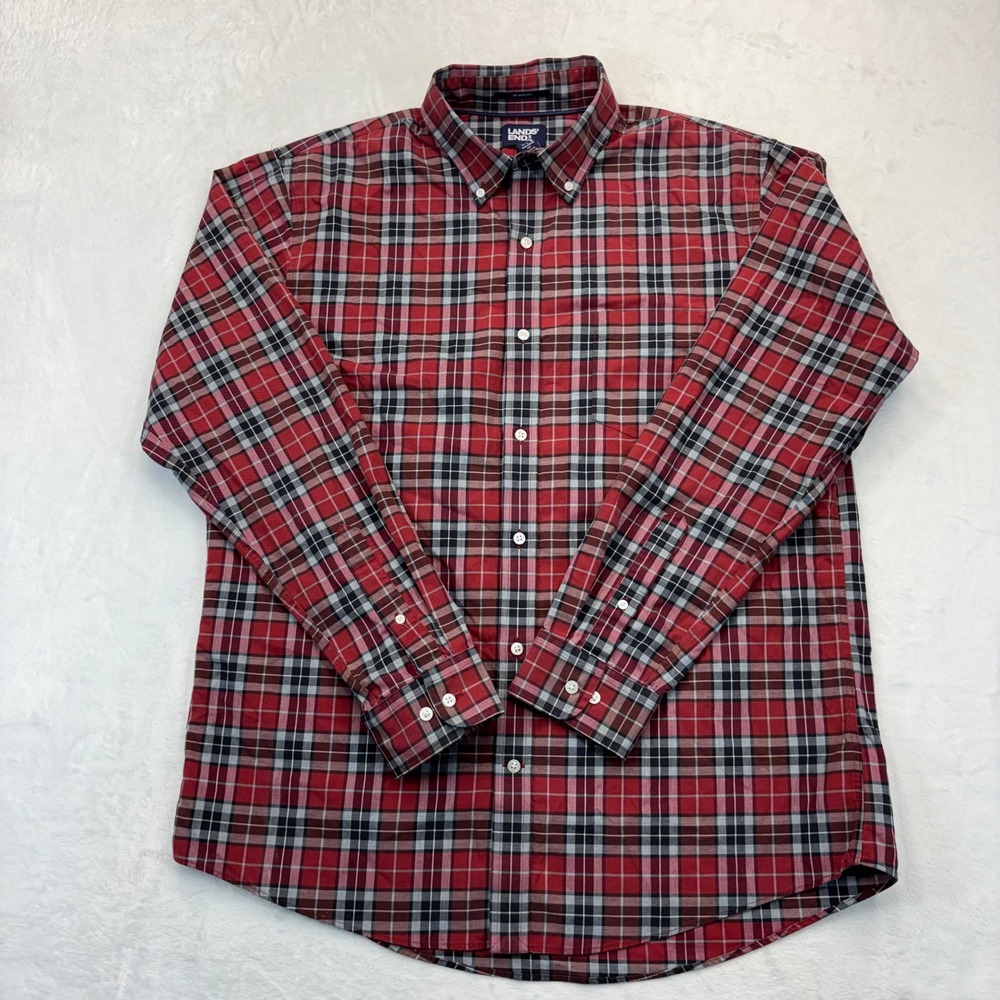 Lands End Mens Red Plaid No Iron Twill Tailored Fit Button Down Shirt L 16-16.5